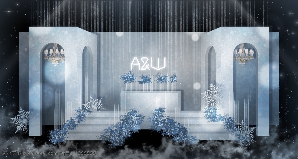 梦幻 简约 冰雪 系列 婚礼 效果图 花瓶 拱门 雪花 雪景 光效 欧式婚礼 台阶 水晶灯 线帘 合影区 迎宾区