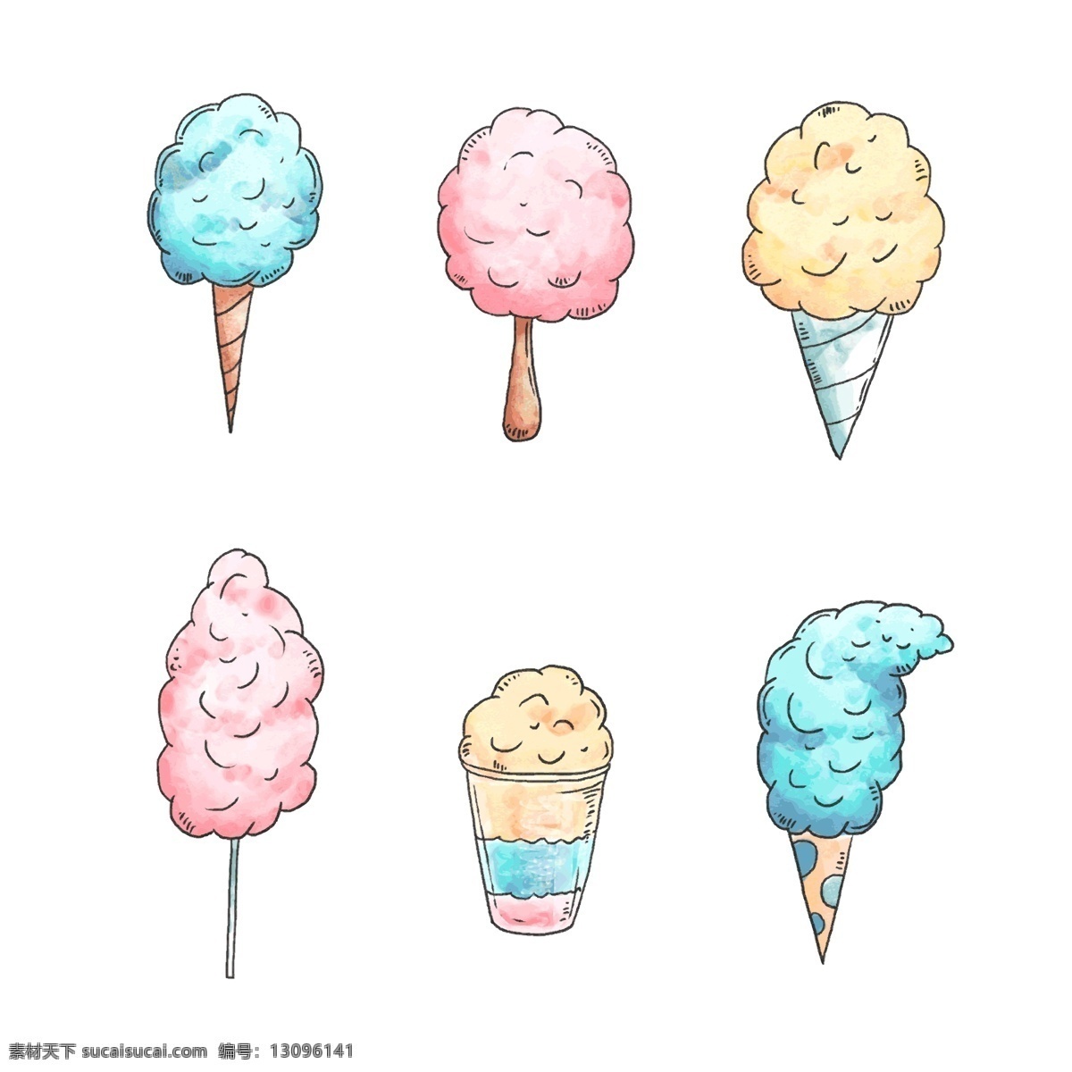 手绘 美味 绵 花 糖 插画 可爱 彩色 卡通 绵花糖