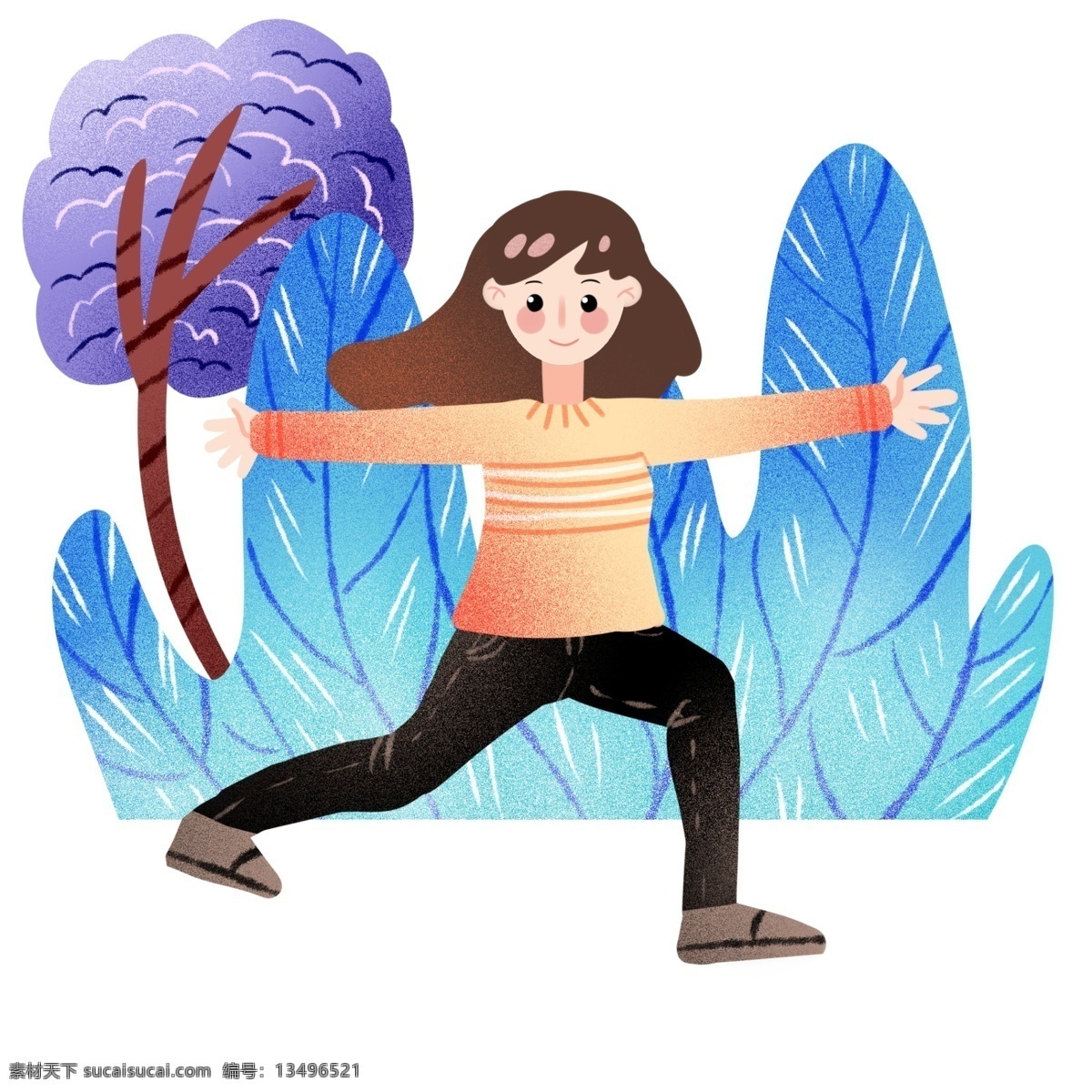 体操 健身 小女孩 运动健身插画 体操健身 健身的小女孩 蓝色的叶子 紫色的树木 植物装饰