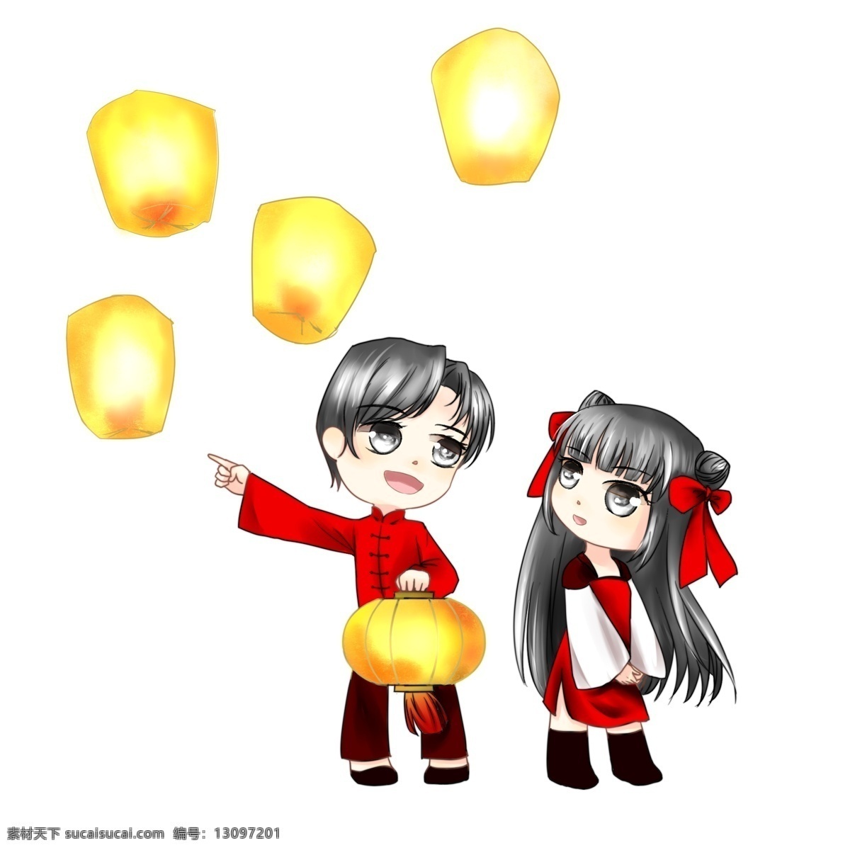 少男少女 放 孔明灯 左侧 少年 短发 红衣 深色 裤子 手 灯笼 右侧 少女 长发 红 蝴蝶结 发带 裙 靴子 手指 左上方 侧身 右 左 抬头 看 左上角 四