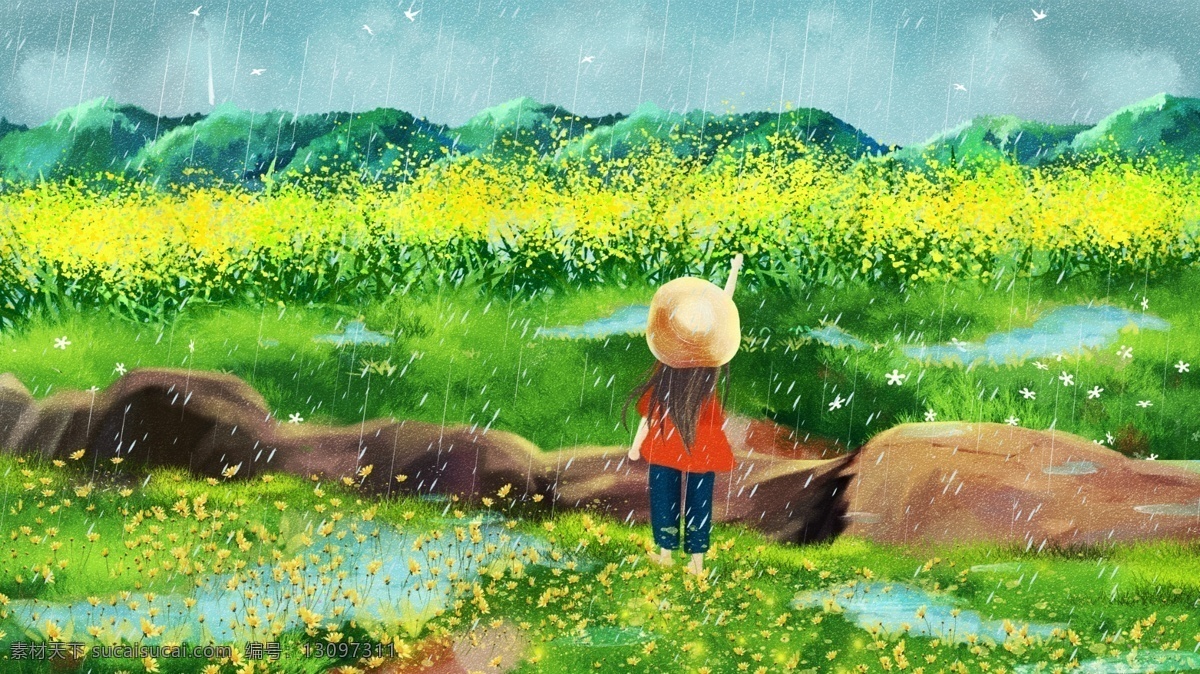 清新 二十四节气 谷雨 时节 动物插画 背景插画 手绘插画 插画 卡通 谷雨插画 春天旅游 春季出游 唯美 绿色 动物 谷物 植物 雨 春天插画 海报背景 电商插画 淘宝 微信 插画设计 设计背景 踏青