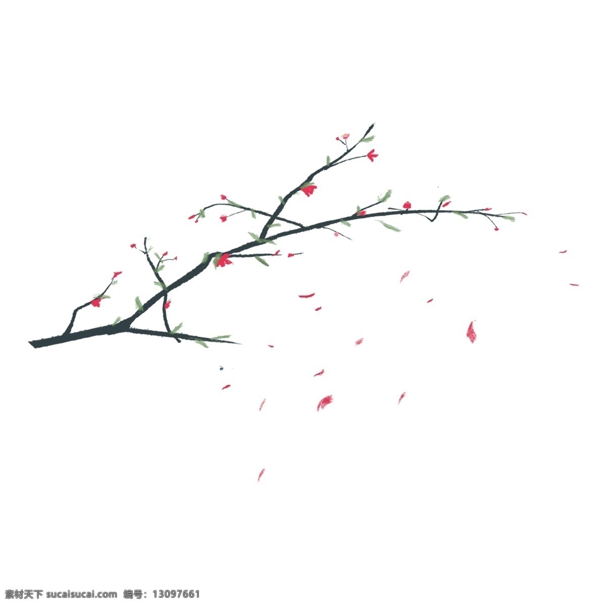 浪漫 手绘 花枝 卡通 透明 树枝 绿色 小树 水彩 唯美 清雅 装饰图案