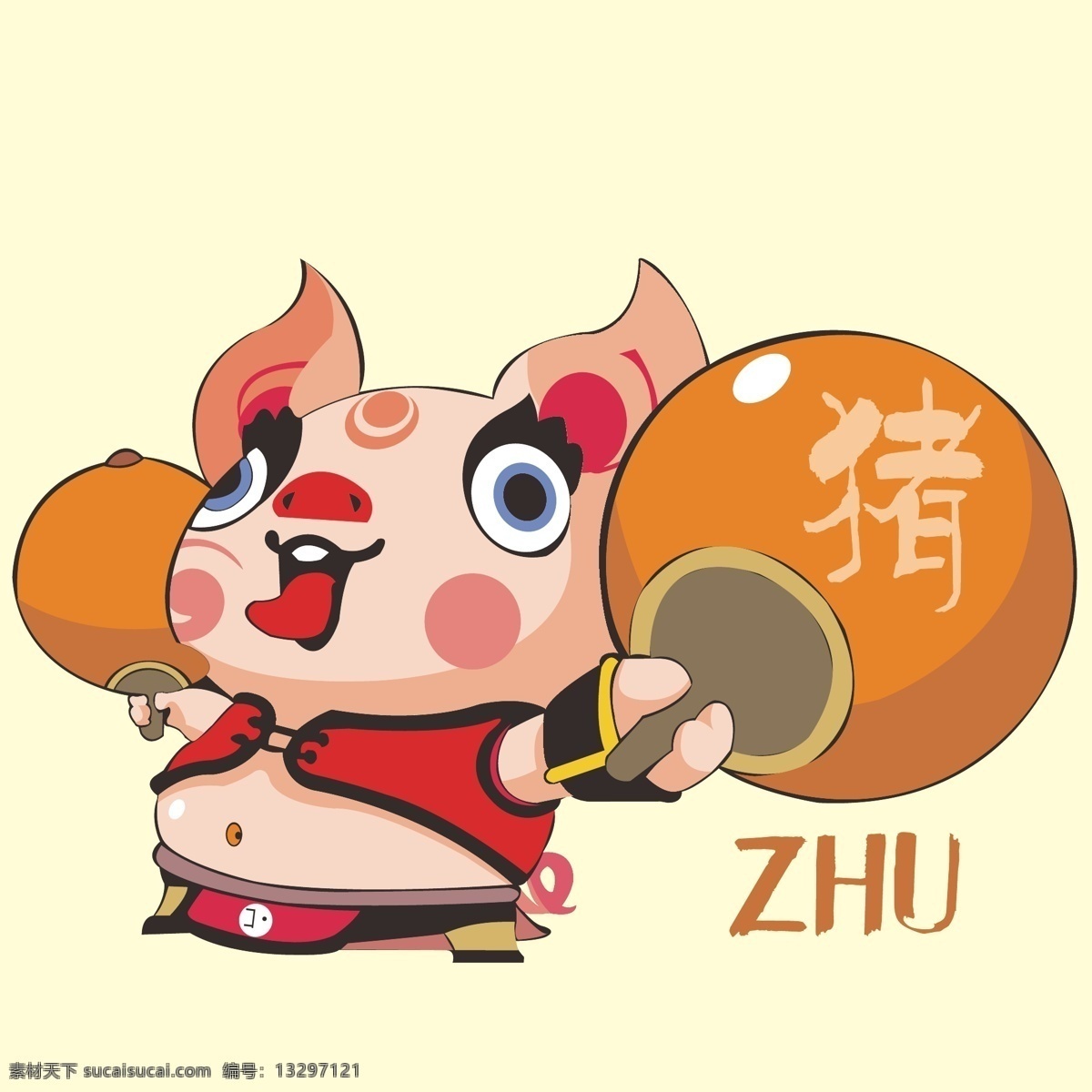 卡通功夫猪 十二生肖 猪 猪年 手绘猪 插画猪 圆锤 中国传统文化 印花 服装图案 白色