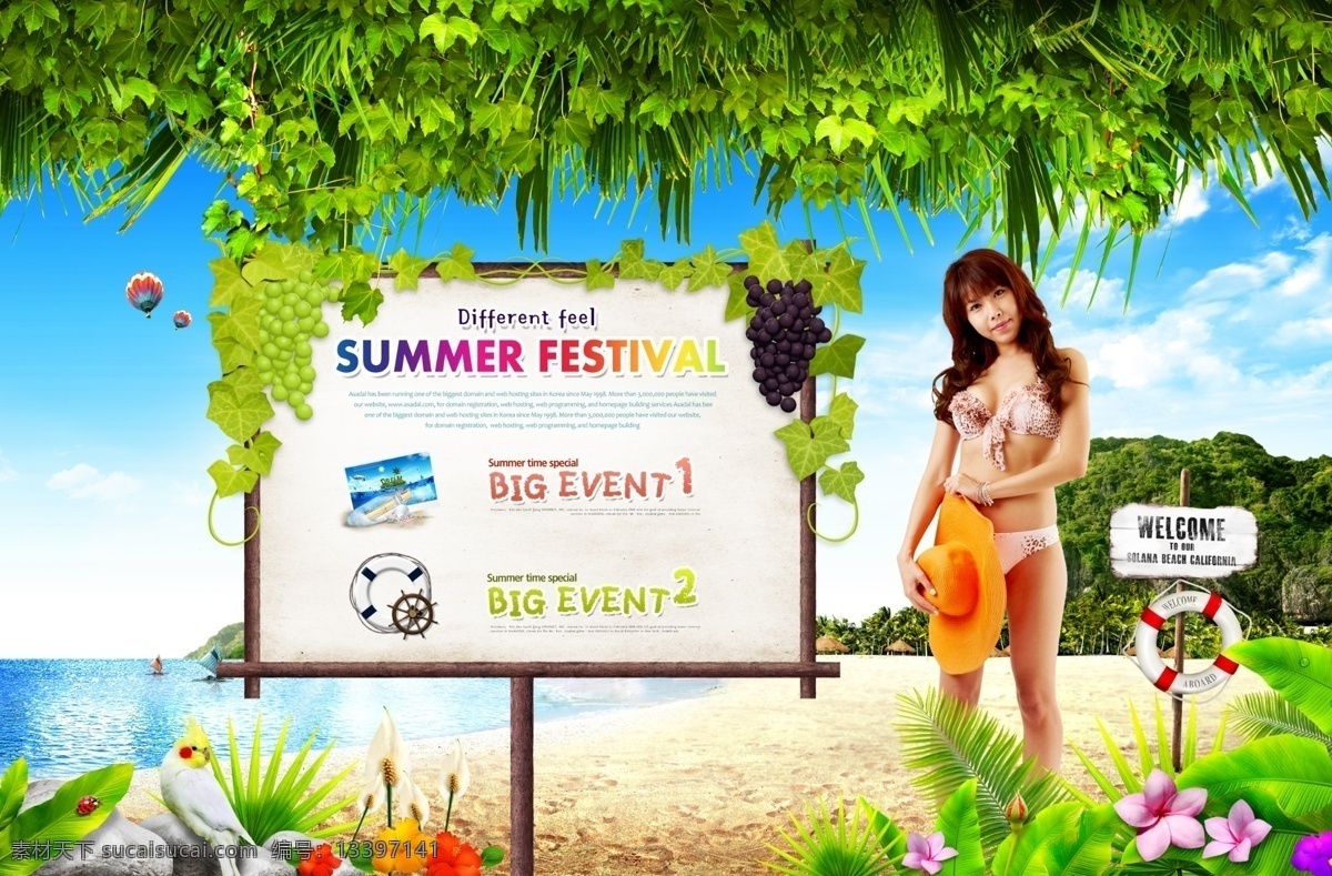 夏季 沙滩 美女 海 花 救生圈 木牌 葡萄 葡萄藤 热带植物 热气球 山 石头 鹦鹉 泳衣美女 psd源文件
