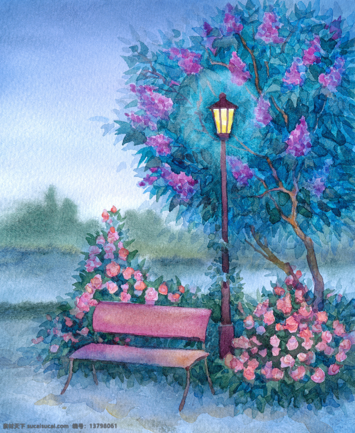公园 路灯 椅子 插画 树木插画 水彩花朵 卡通风景 水彩风景 风景插画 水彩画 风景写生 书画文字 文化艺术