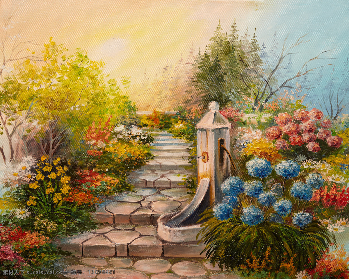 花园油画图片 花园油画 花园 花 阶梯 台阶 深林 油画 梦幻