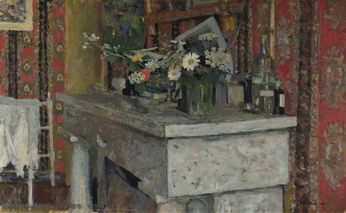 chemin 茅 e 花卉 水果 蔬菜 器皿 静物 印象 画派 写实主义 油画 装饰画 la mantelpiece the vuillard edouard 荷花 玫瑰 百合 鲜花 实物 装饰素材