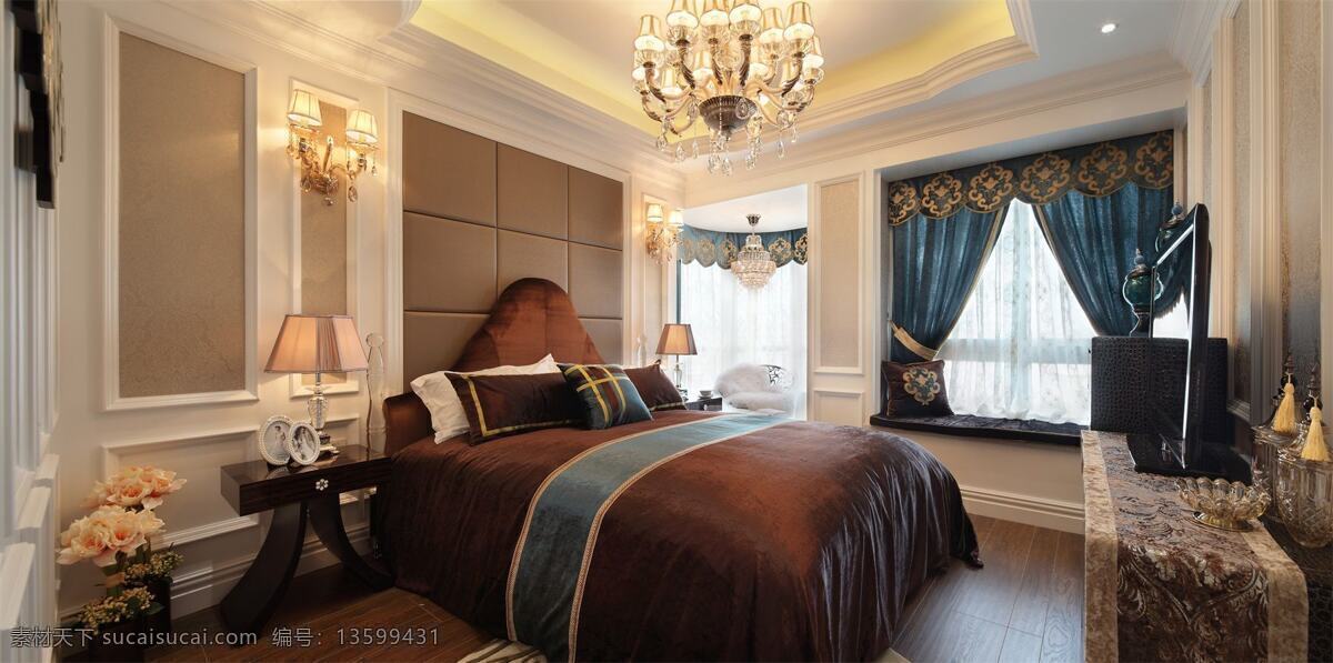 现代 轻 奢 卧室 宝蓝色 绣花 窗帘 室内装修 效果图 木地板 卧室在想 金色壁灯 蓝色窗帘