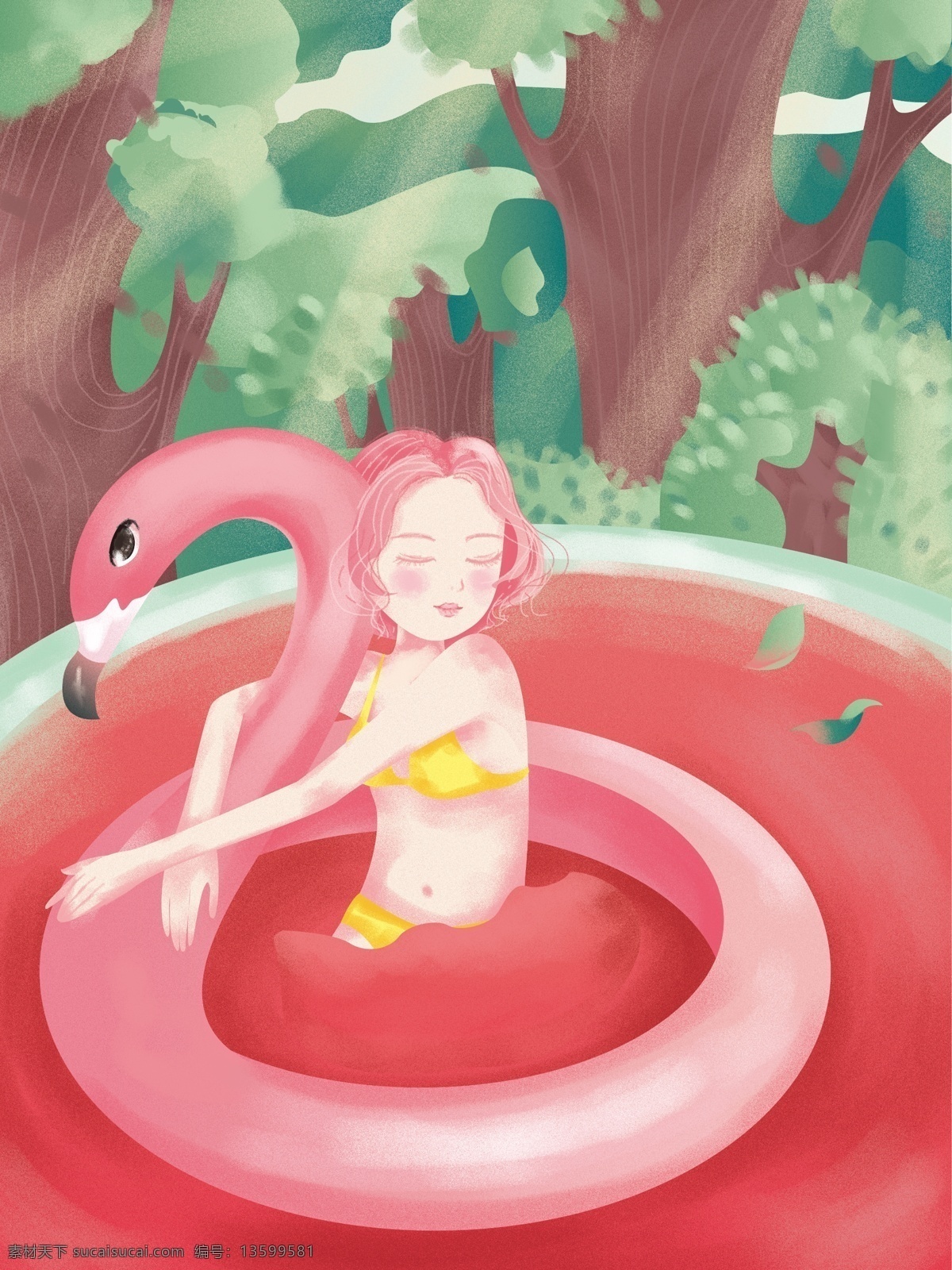 原创 手绘 小 清新 插画 立夏 火烈鸟 西瓜 池子 女孩 原创手绘 小清新插画 西瓜池子