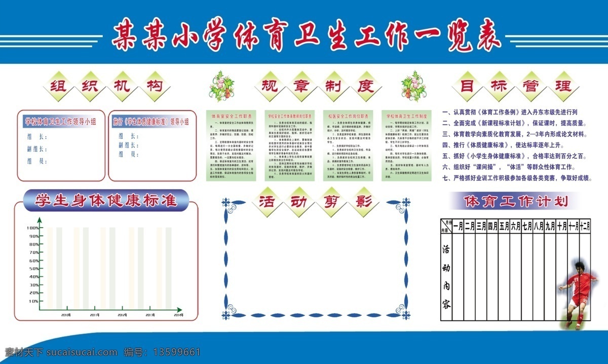 学校制度展板 学校展板 体育卫生表 组织机构 身体健康标准 规章制度 活动剪影 目标管理 体育工作计划 蓝色展板 分层