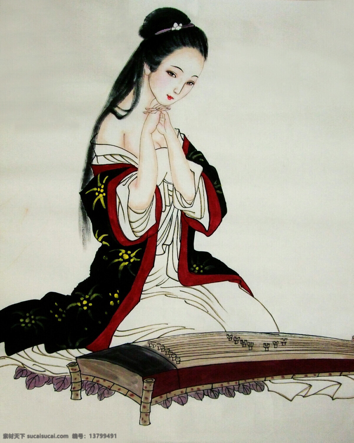 中国 古典 人物 肖像画 国画 美女 弹琴 灰色