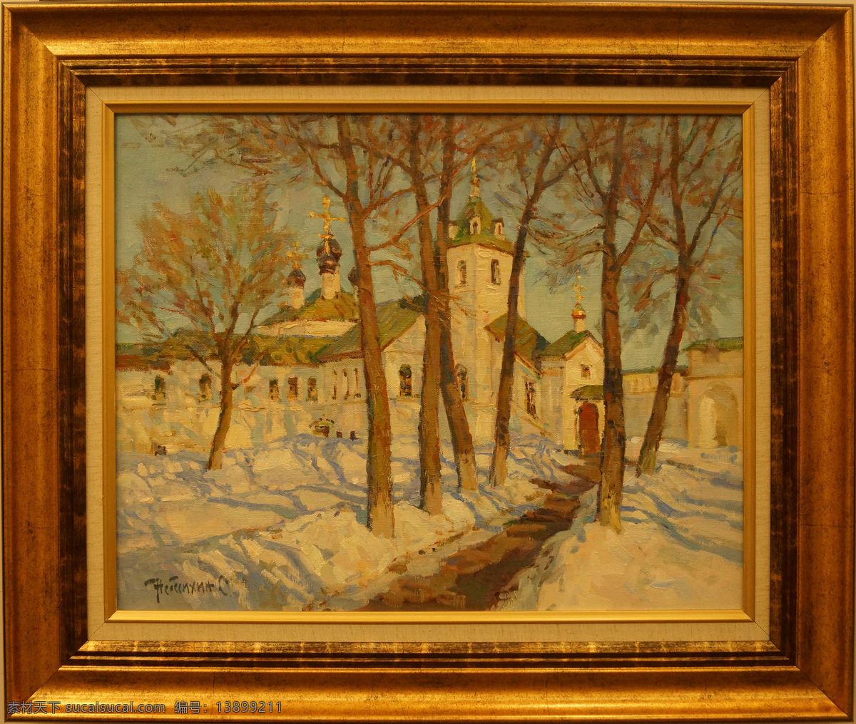 城堡 俄罗斯 风景 画框 绘画 绘画书法 美术绘画 色彩 冬日 午后 油画 设计素材 模板下载 雪景 树 天空 文化艺术