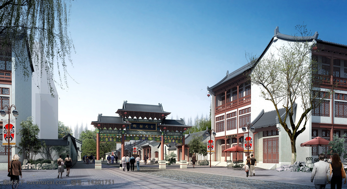 仿古商业街 古代牌坊 仿古建筑 人群 树木 装饰装修 环境设计 效果图