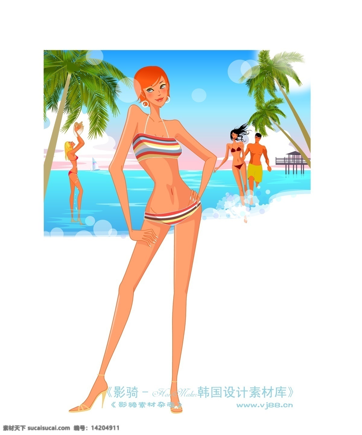 海滩边的美女 海滩 椰子树 夏天 美女 站立 泳衣 白色