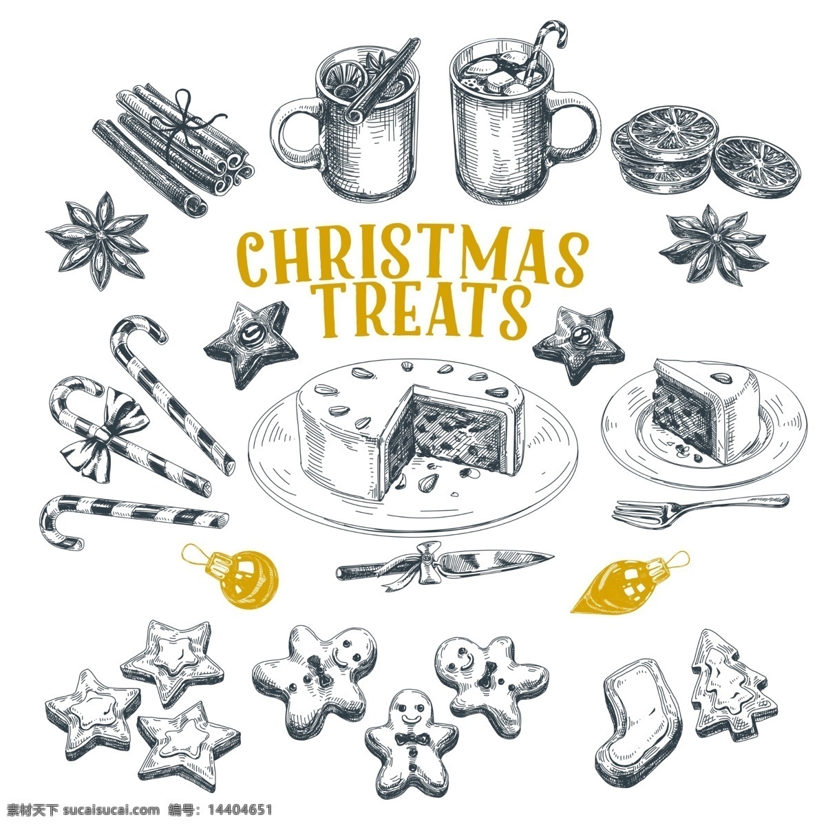 素描 圣诞节 手工 食品 源文件 饼干 叉子 蛋糕 碟子 咖啡 铃铛 装饰图案