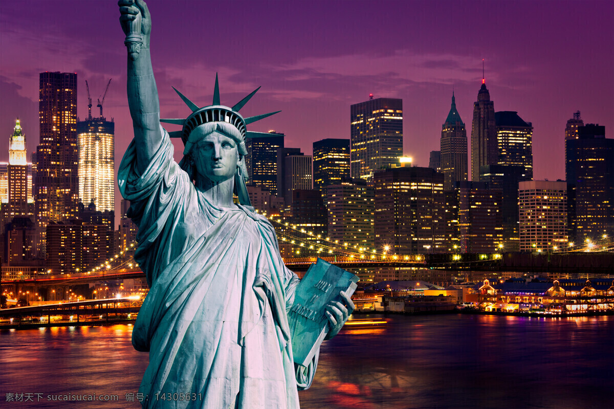 美国 自由 女神像 自由女神像 雕塑 城市 夜景 建筑 建筑景观 自然景观