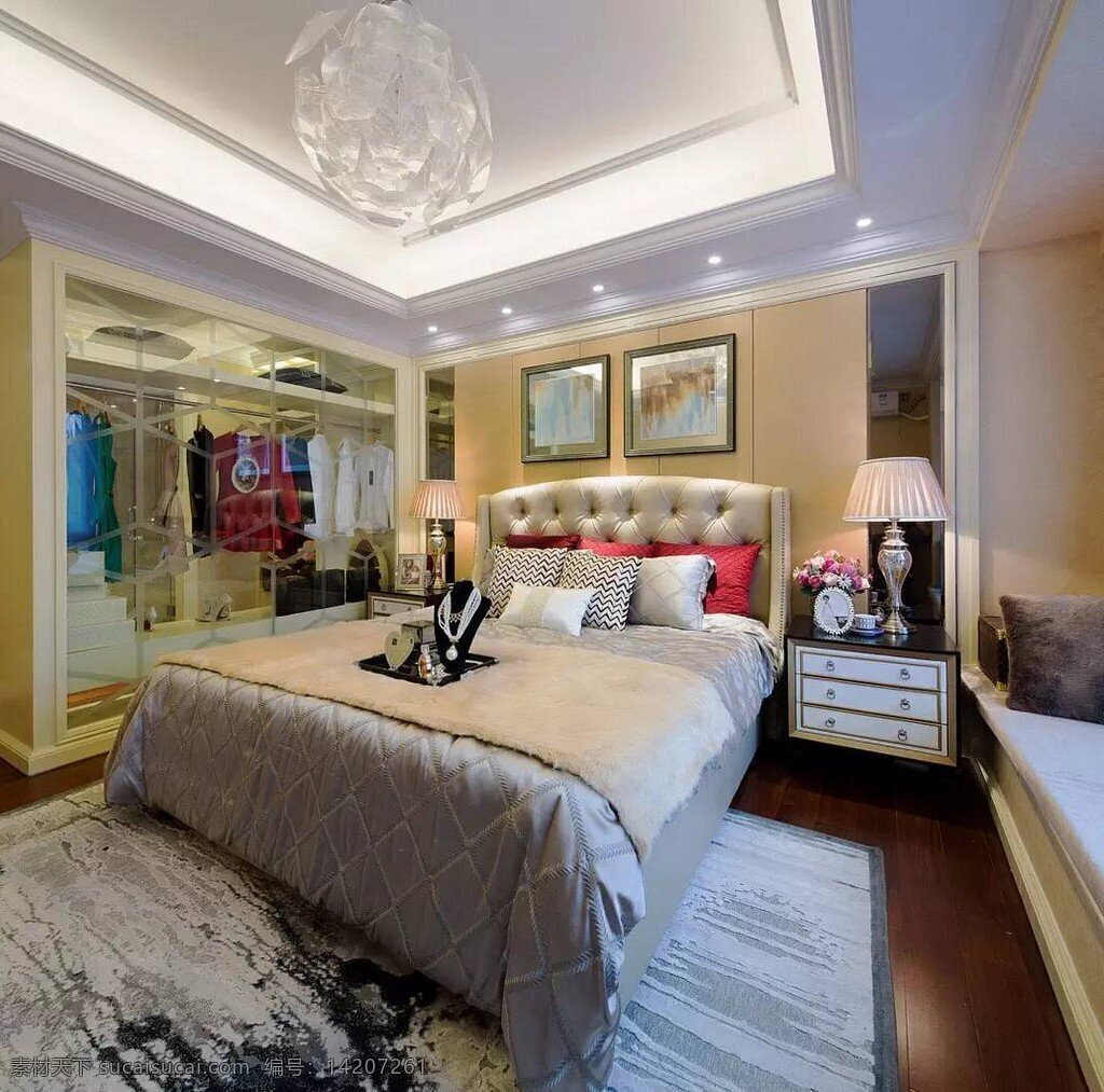 现代 时尚 卧室 白色 透明 吊灯 室内装修 效果图 卧室装修 木地板 浅色花纹地毯 白色台灯