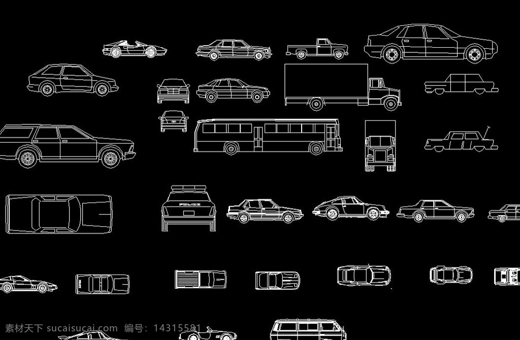 汽车平立面图 小汽车 公共汽车 货车 两厢汽车 皮卡 dwg