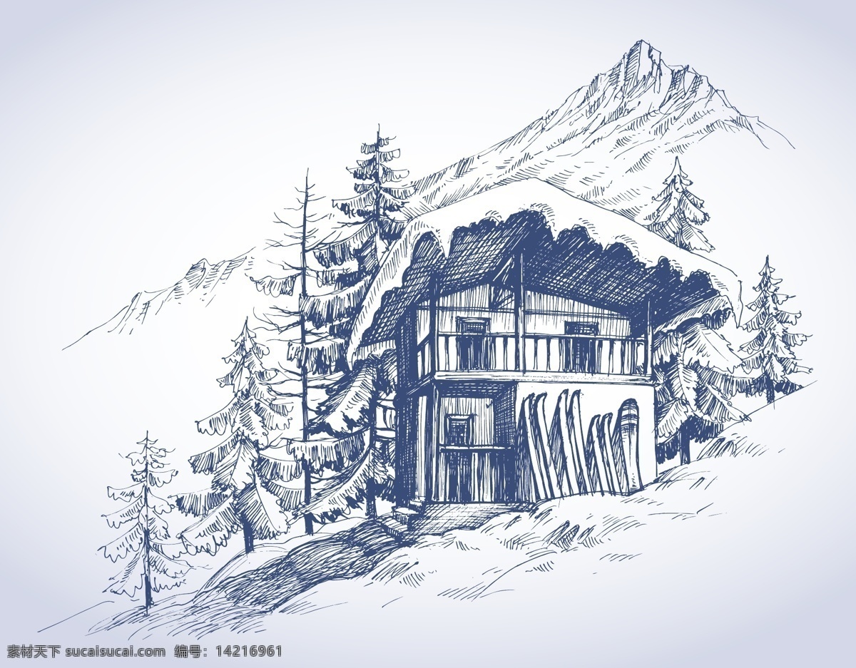 雪山 山峰 松柏 滑雪 雪人 素描 风景画 素描风景 速写 素描欣赏 素描艺术 铅笔画 素描素材 绘画素材 风景写生 速写风景 矢量素描 风景 黑白 植物 树木 房屋 矢量插画 自然景观 自然风光