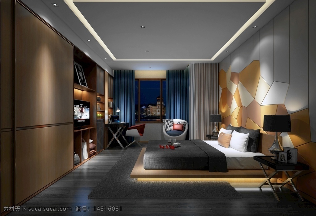 现代 简约 卧室 效果图 3d 模型 室内设计 3dmax 灯光 材质 床 电视墙 衣柜 床头背景墙 地板 灯 软装 配饰 室内模型 床头柜 休息 效果图模型 3d设计 max