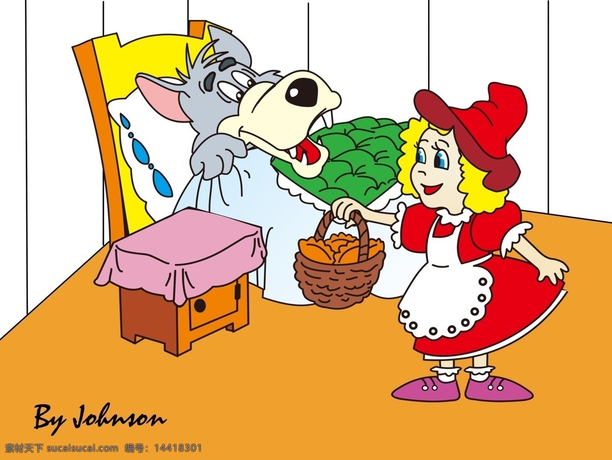 小红帽 狼 外婆 狼外婆 木床 房间 卡通 儿童 经典 分层 源文件