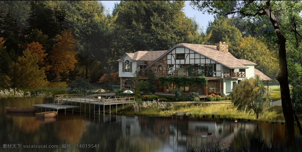 湖边 别墅 景观设计 湖泊 鸭子 小船 桌子 凳子 草地 树木 房屋 建筑物 蓝色天空 环境设计