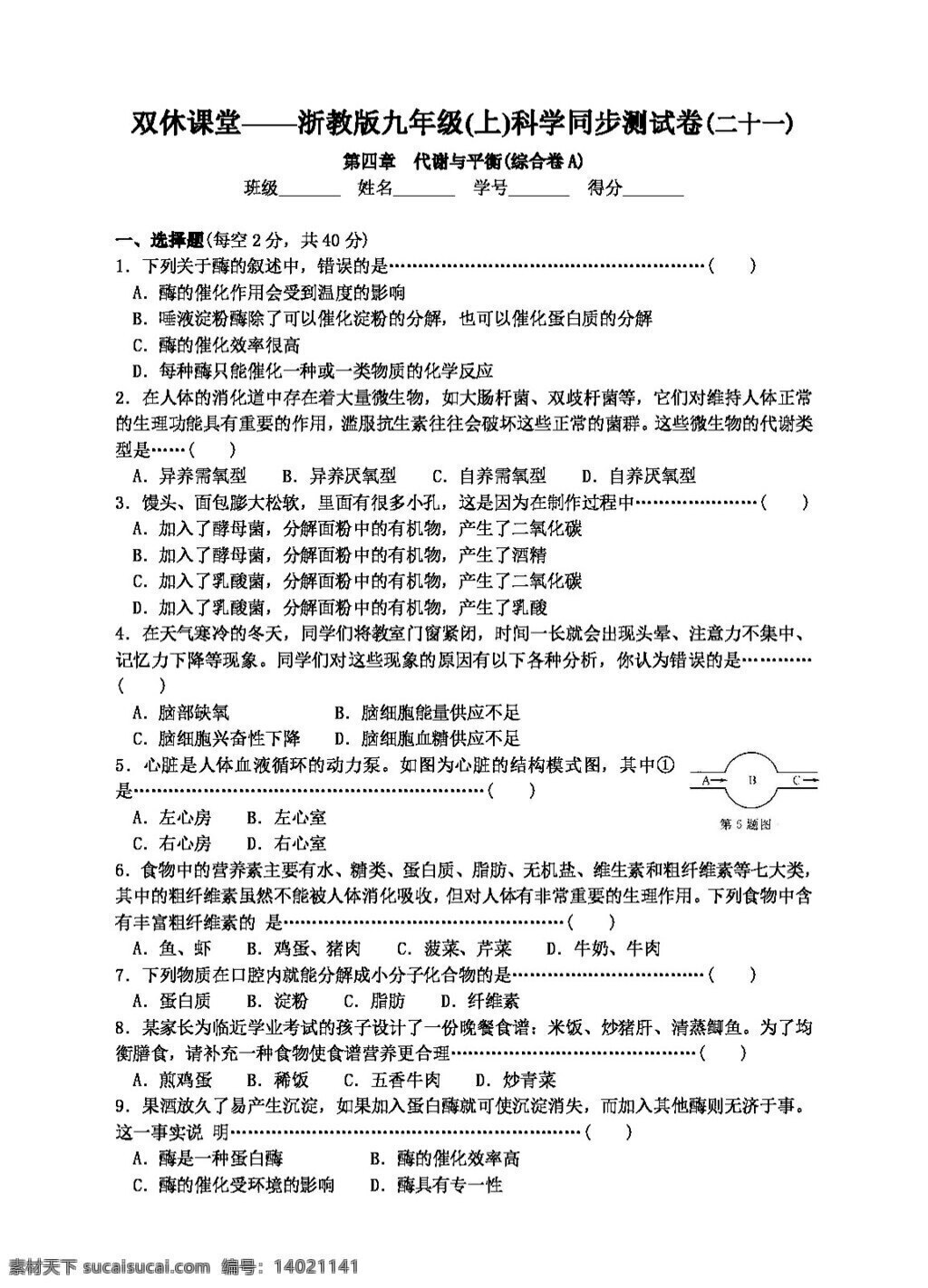 九 年级 上 科学 第四章 代谢与平衡 试题试卷 浙教版