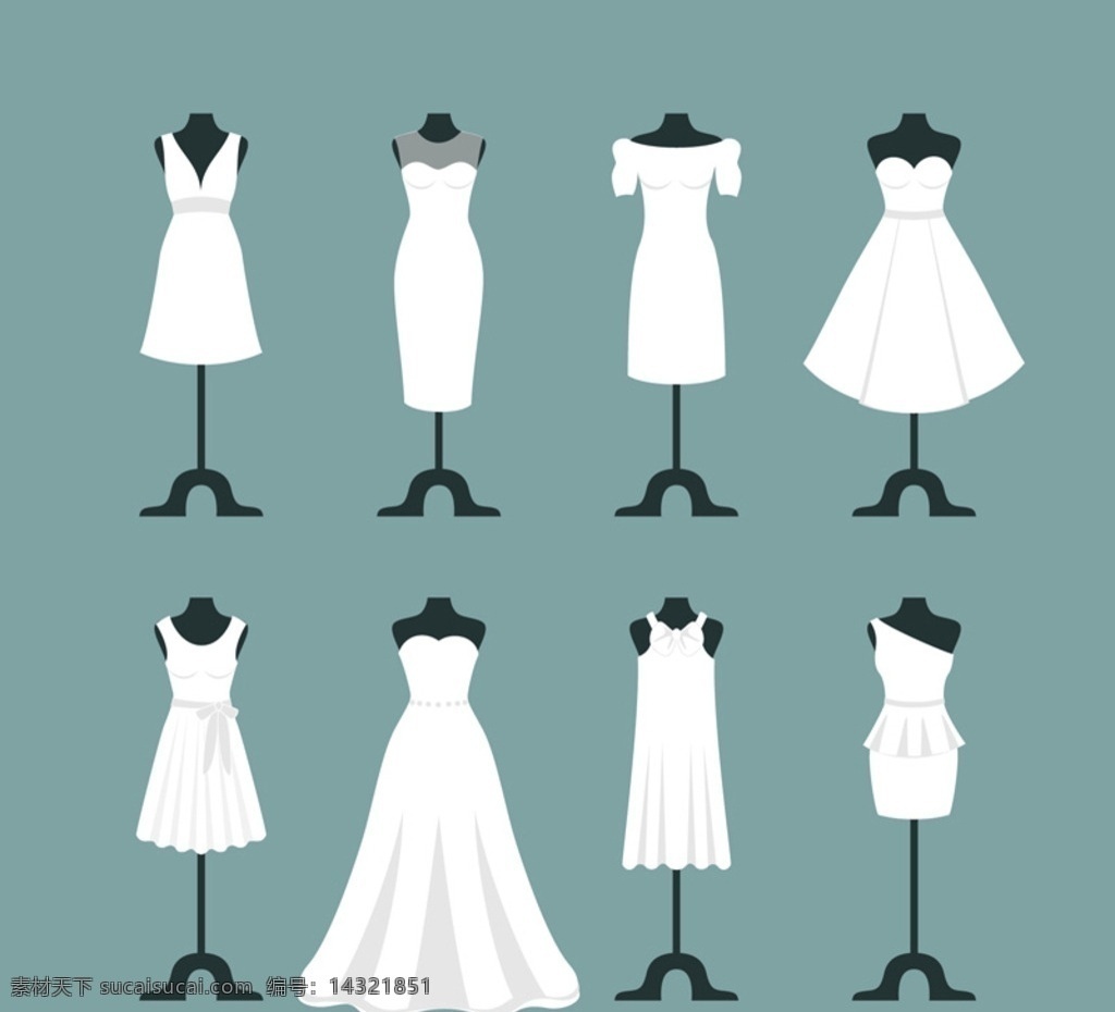 白色婚纱设计 礼服 婚纱 婚礼 女子 裙子 矢量图 卡通 白色 矢量素材共享 服装设计