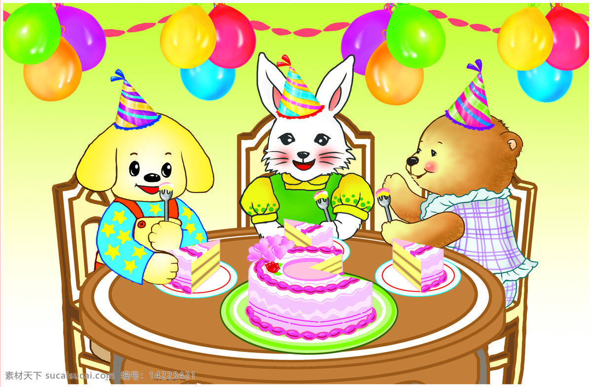 生日会 插画 蛋糕 动漫动画 儿童 房间 狗 卡通 可爱 熊 兔子 室内 屋子 桌子 psd源文件 餐饮素材