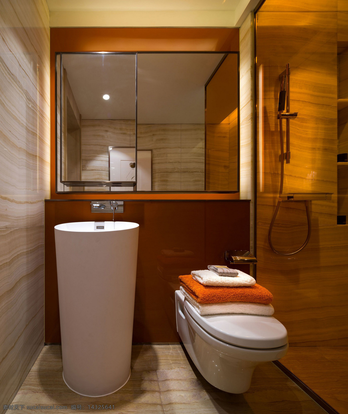 现代 雅致 卫生间 深 橘 色 背景 墙 室内装修 效果图 瓷砖地板 瓷砖背景墙 木材 颜色 方形镜子 深色柜子
