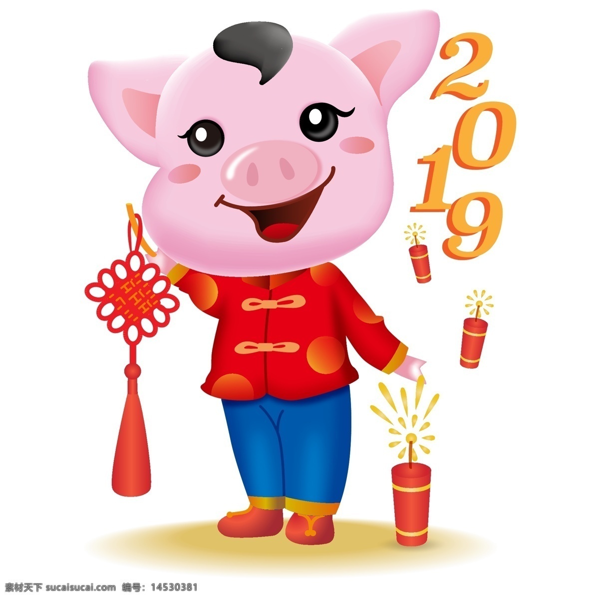 新年 可爱 猪 立体 ip 卡通 形象 喜庆 插画 春节 吉祥物 立体猪 猪ip 炮竹 2019 吉祥结