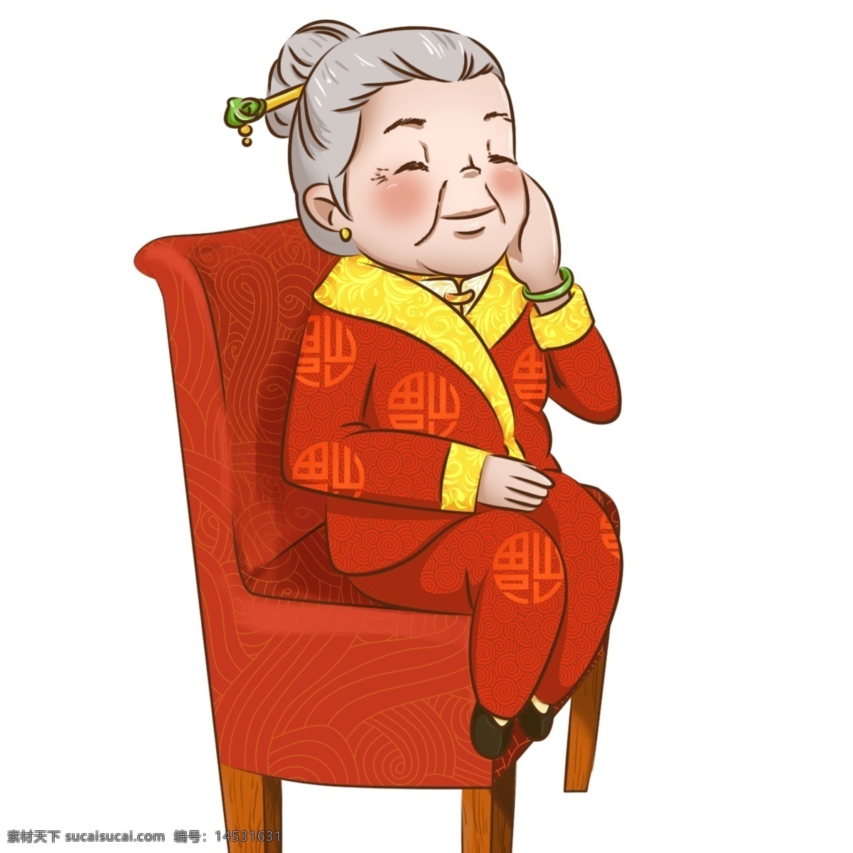卡通 新年 唐装 人物 微笑 奶奶 手绘 年夜饭 红火 喜庆 美食 开心 狗年 中国风 福 红 发簪 温柔 婆婆 外婆 老人