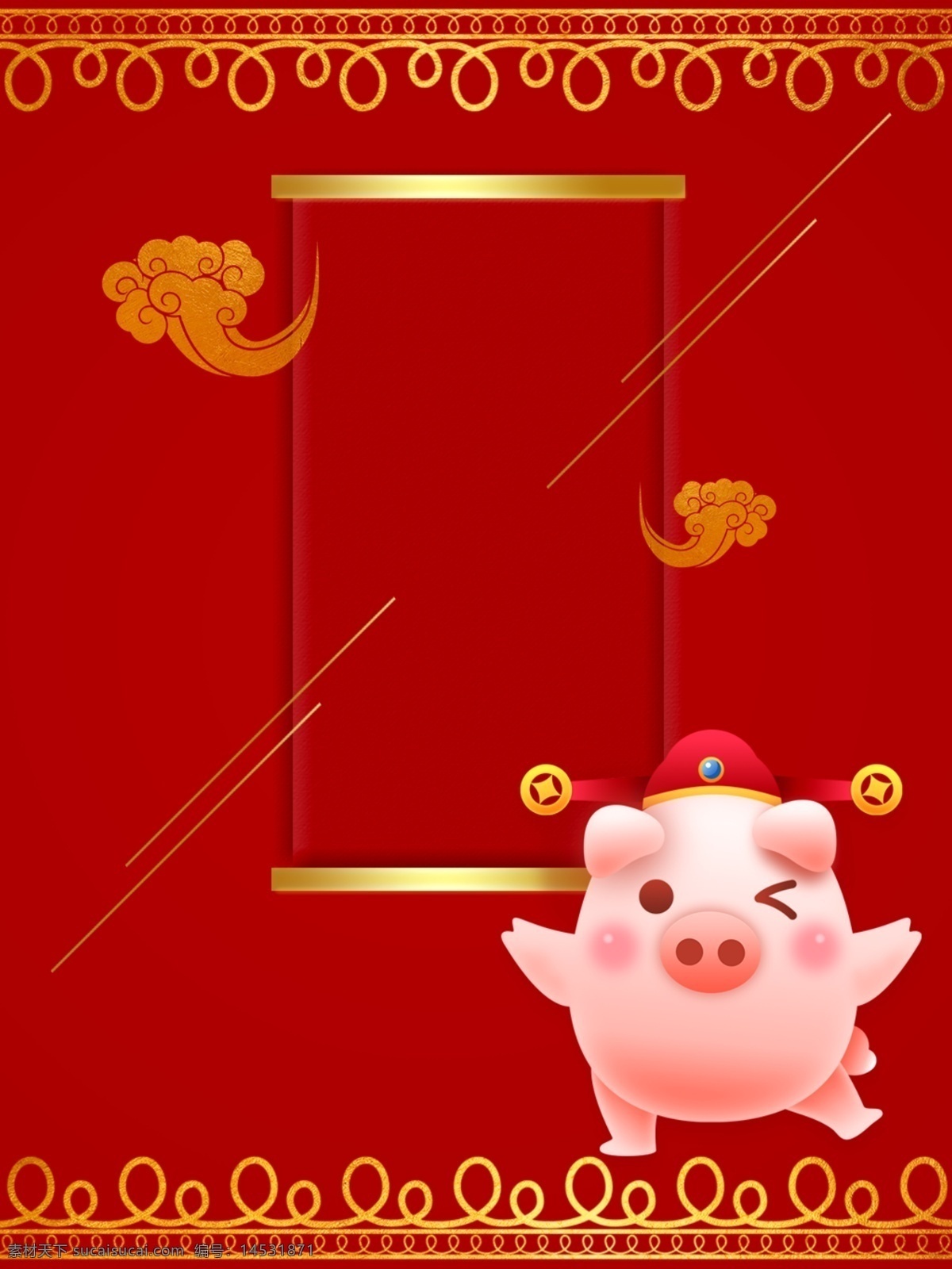 新年 红色 喜庆 猪年 可爱 背景 线条 祥云 创意 金色 简约 大气 线框 矩形 云朵 中国风 中国红 h5 猪