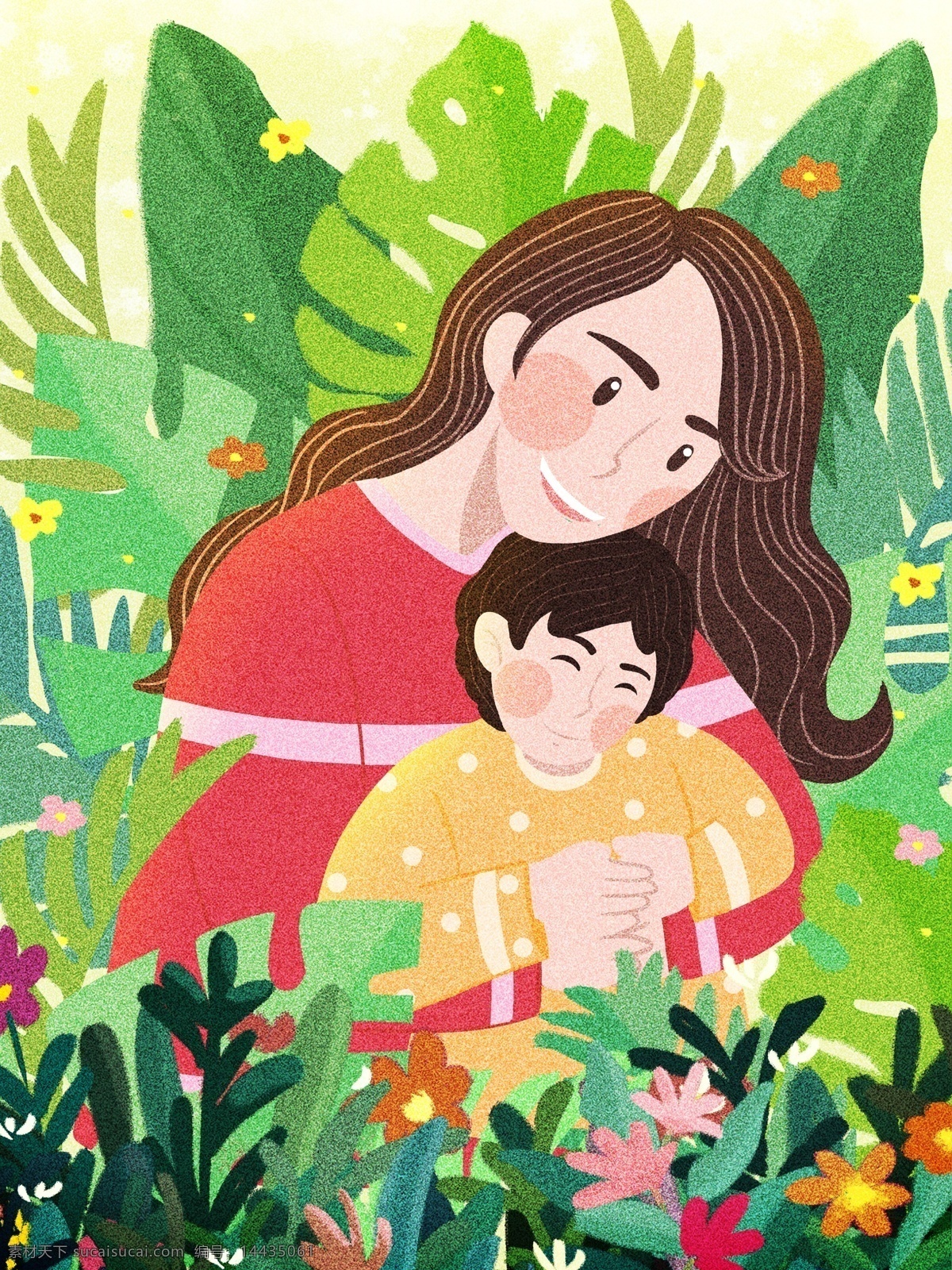 母亲节 母亲 环抱 儿子 花海 肌理 插画 5月 拥抱 肌理插画 花 叶子 壁纸 包装 手机图 扁平 母子