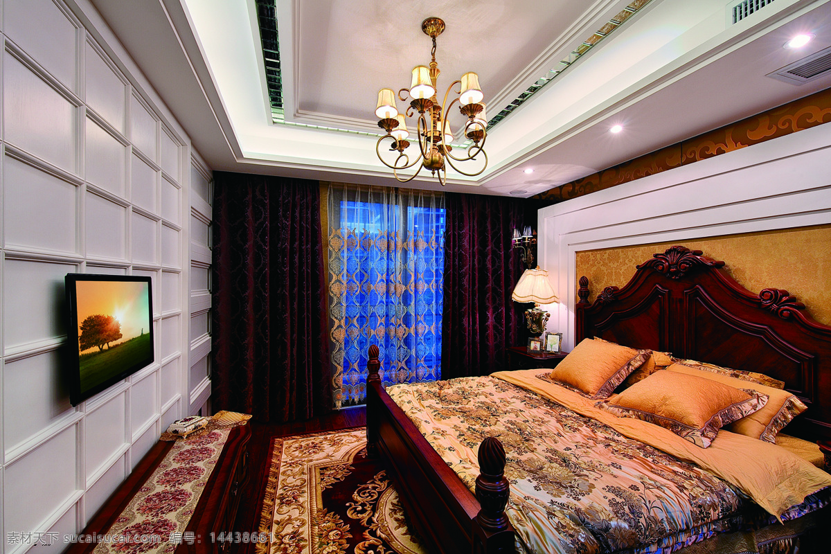 欧式 卧室 花纹 地毯 装修 效果图 白色射灯 床铺 方形吊顶 个性吊灯 灰色 电视 背景 墙