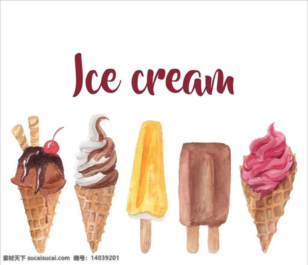 水彩 冰淇淋 套装 食品 夏季 手工 巧克力 油漆 奶油 颜色 新鲜 上色 可口