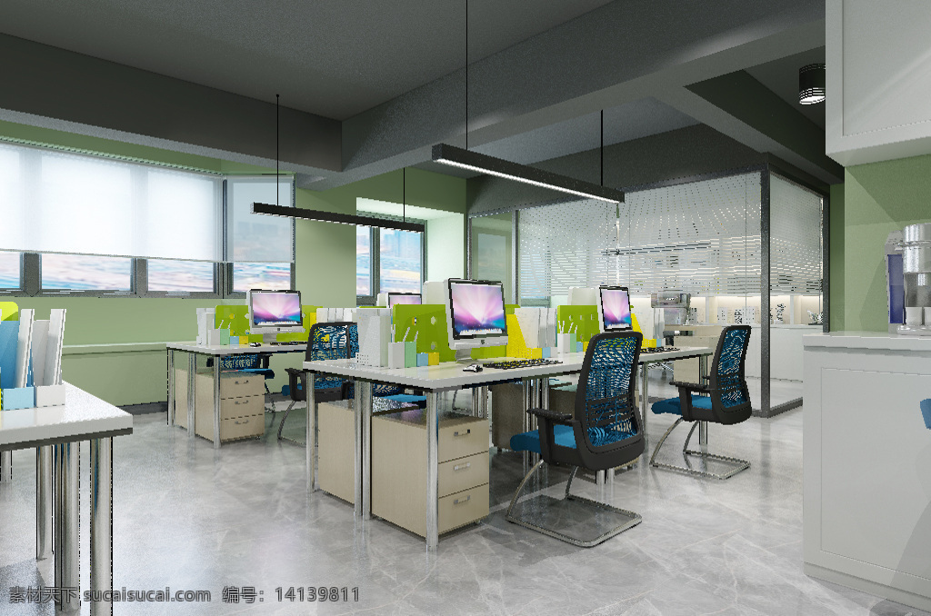 现代 办公室 效果图 简约 时尚 绿色 清新 3d 工位