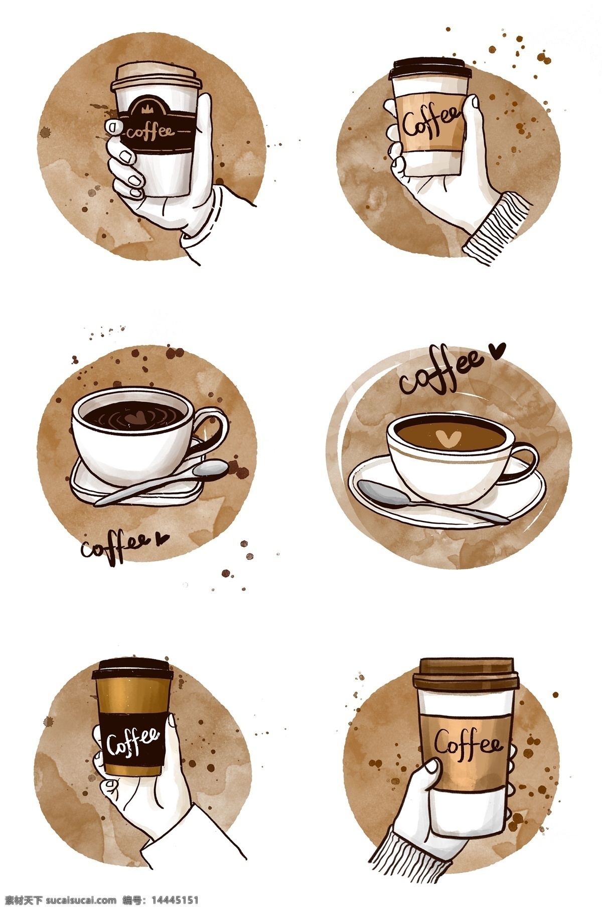 各种 咖啡杯 免 抠 杯子 打包 外卖 卡通杯子 早安 咖啡 手 卡通手 手掌 手拿杯子 端杯子 一次性杯子 打包咖啡 商务 咖啡店 小资 棕色 拿铁