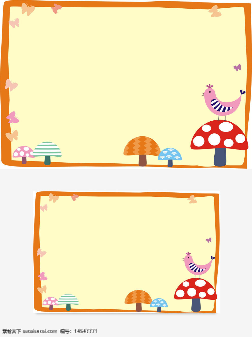 小鸟 蘑菇 蝴蝶 橙色 黄色 边框 矢量图 可变色 可变尺寸 彩色
