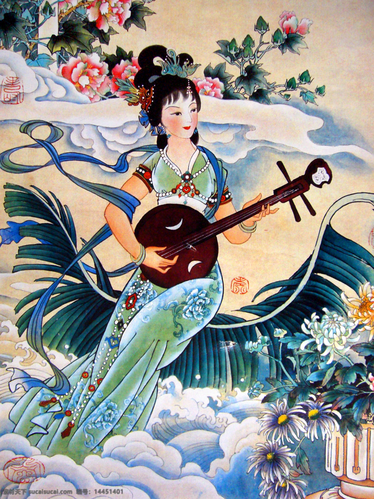 琴音 美术 中国画 工笔画 女人 仙女 仕女 山野 花草 花朵 弹琴 国画艺术 绘画书法 文化艺术