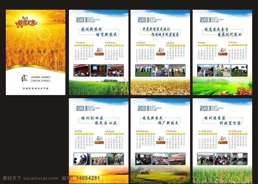 2013 年 农业 挂历 农田 金色 麦子 稻田 小麦 粮食 蓝天 金黄色 蛇年 日历 矢量