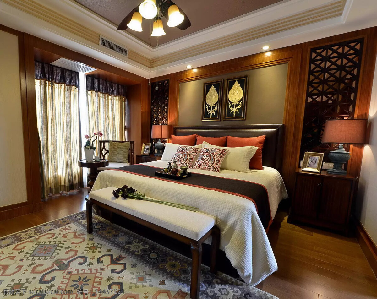 中式 经典 卧室 木制 柜子 室内装修 效果图 木地板 花纹地毯 卧室装修 铜色吊灯