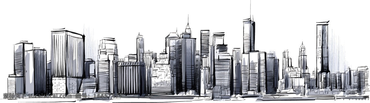 手绘 城市 轮廓 矢量 建筑 大厦 楼群 矢量图 高清图片