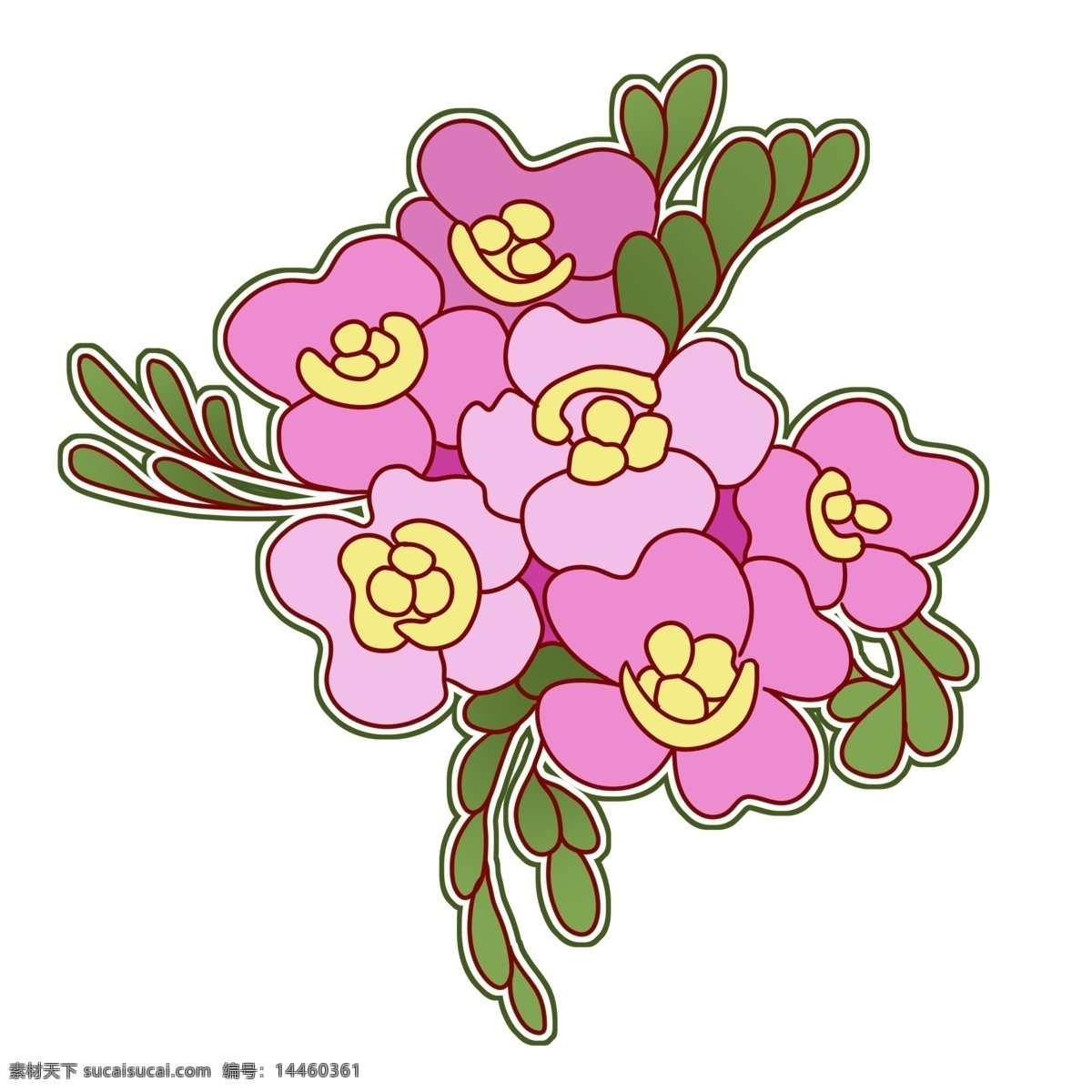 手绘 粉色 花朵 插画 手绘花朵 粉色花朵插画 漂亮的花朵 卡通花朵 水彩花朵 黄色花蕊 绿色的叶子