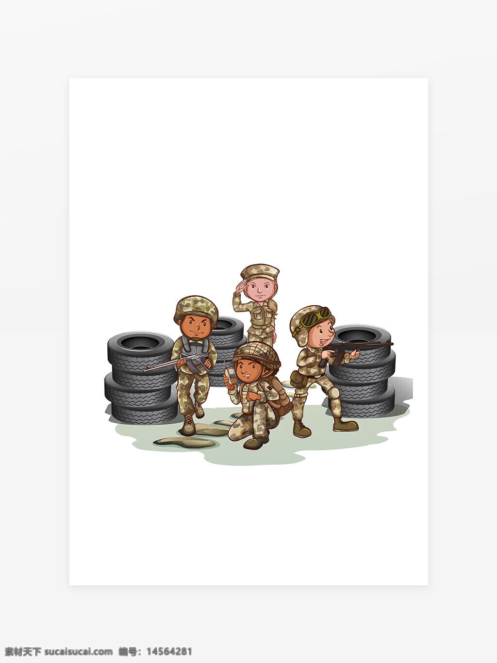 学生军训插画 野战军 轮胎 军事训练 手绘插画