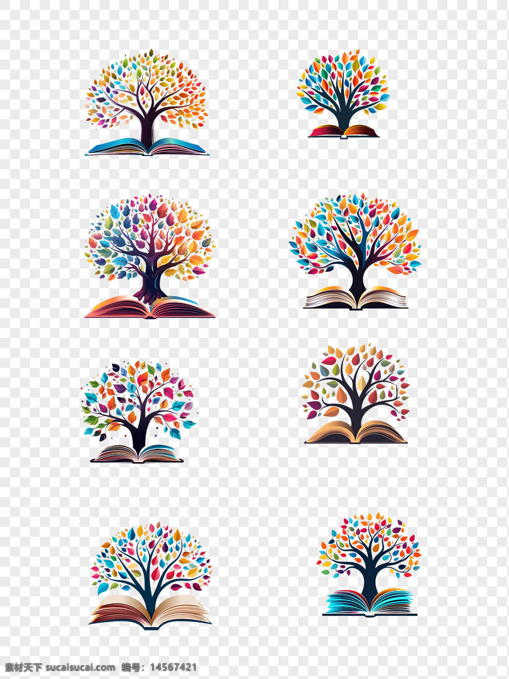 创意书本 树木 logo。简约 扁平 多彩 创意。 多彩创意