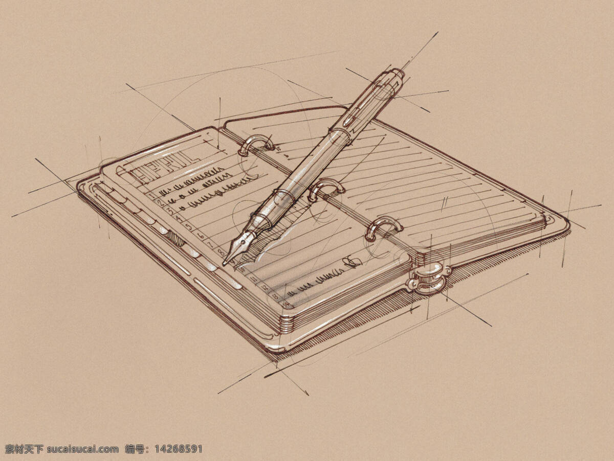 手绘 笔记本 钢笔 羊皮纸 纯色 线条设计 插画集