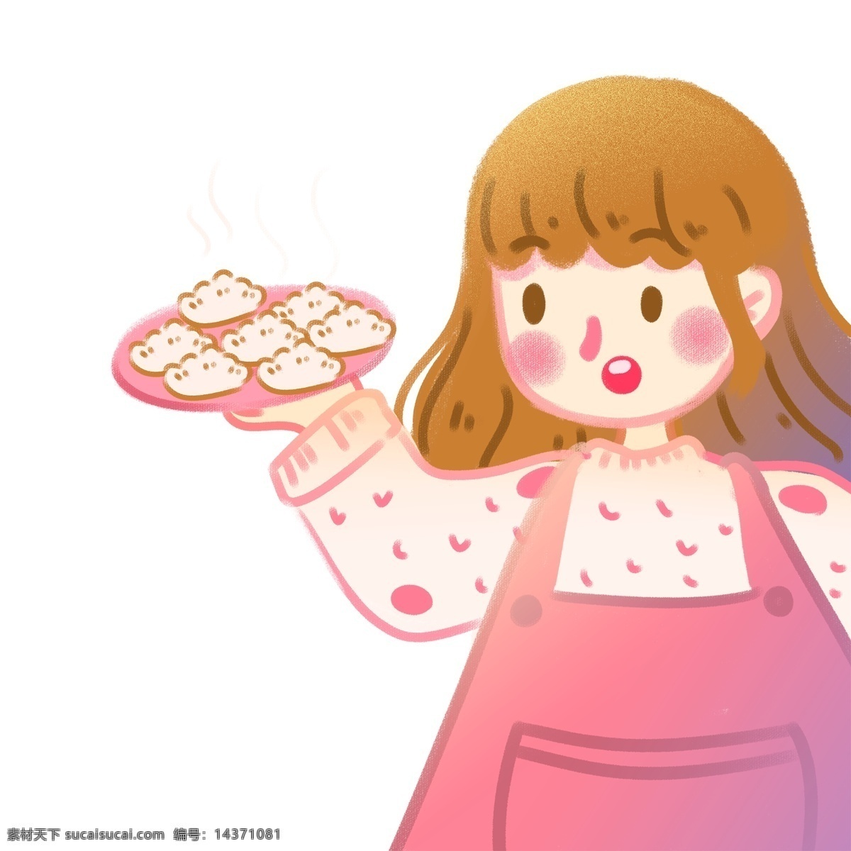 端 盘 热气腾腾 饺子 女孩 插画 人物 卡通 可爱 手绘 吃饺子 儿童