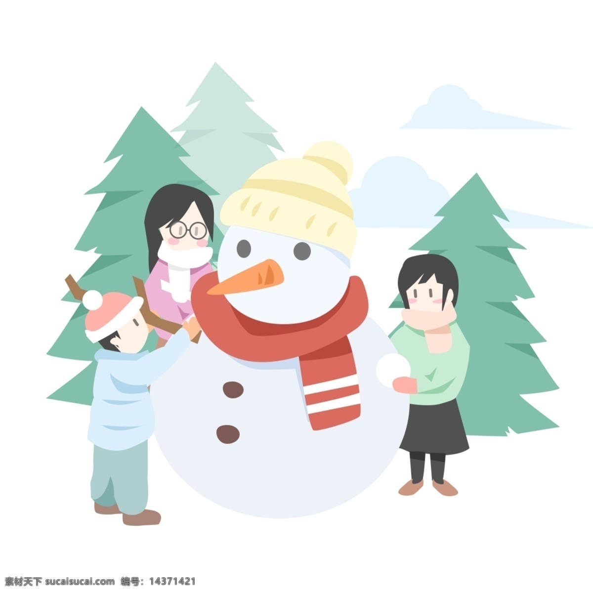 冬天 孩子 堆 雪人 扁平 场景 大雪 雪景 堆雪人 可爱 小孩 玩耍 寒冷 插画 矢量png