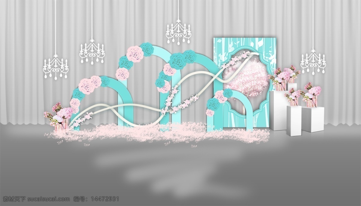 tiffany 蓝色 拱门 吊顶 婚礼 展示 效果图 婚礼效果图 展示区 纸花 水晶灯 樱花树 白色方墩 花瓶花艺 线条弧形 镂空展板 地花